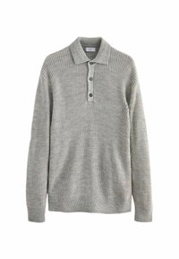 Grauer gestrickter Pullover mit langen Ärmeln, gerippter Textur und einem spitzen Kragen, der an der Vorderseite drei Knopfverschlüsse hat.