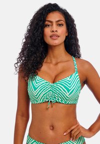 Groen en wit gestreepte bikini-top met een gathered midden, verstelbare bandjes en decoratieve hardware-accenten. Geweven stof.