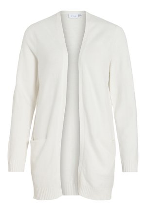 White long cardigan made of soft knit material. Features an open front, ribbed cuffs, and two side pockets.