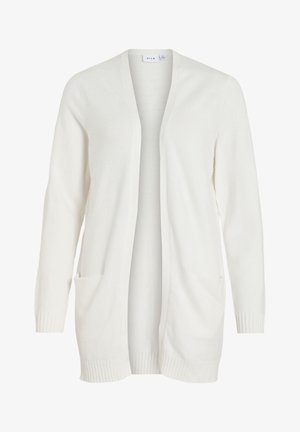 Weißer langer Cardigan aus weichem Strickmaterial. Hat eine offene Front, gerippte Bündchen und zwei Seitentaschen.