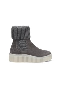 Harmaat mokkasiini-nilkkurit, joissa on neulottu resori, tekstuuripintaiset sivuelementit ja paksu valkoinen kumipohja, jossa on uritettu kuvio.