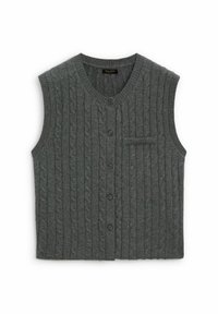 Graue Strickweste mit Zopfstrickmuster, V-Ausschnitt und fünf Knöpfen vorne. Mit einer kleinen Tasche auf der linken Seite.