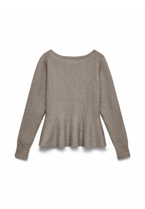 Dlouhý svetr s dlouhým rukávem v barvě taupe s výstřihem do člunu, žebrovanými manžetami a mírně rozšiřujícím se lemem, položený na bílem pozadí.