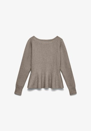 Pull taupe à manches longues avec encolure bateau, poignets côtelés et ourlet légèrement évasé, posé à plat sur un fond blanc.