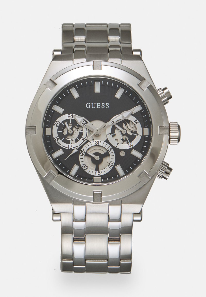 Edelstahl-Chronographenuhr mit schwarzem Zifferblatt, silbernen Akzenten, drei Hilfszifferblättern und einem Metallarmband im Glieddesign.