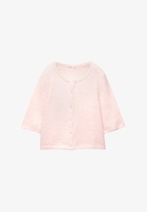 Pink short-sleeve cardigan made of soft, fluffy fabric. Round neck, button closure down the front, and ribbed hem detail.