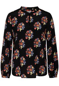 Svart blommig blus med mandarin-krage, långa ärmar och samlade manschetter, dekorerad med flerfärgade blommönster över hela.