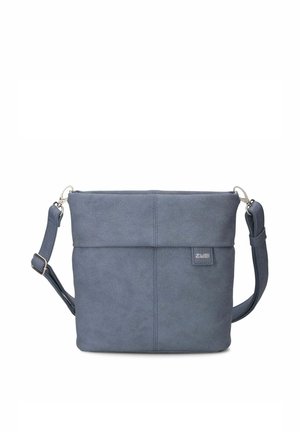 Blue-gray crossbody bag with adjustable strap, zipper closure, and a small "zwei" logo patch on the front.