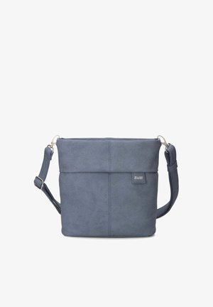 Blue-gray crossbody bag with adjustable strap, zipper closure, and a small "zwei" logo patch on the front.