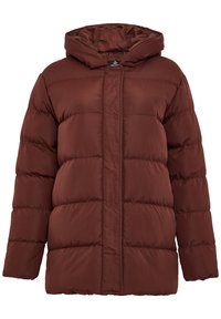 Veste d'hiver matelassée marron avec capuche, manches longues et coutures horizontales sur fond blanc.