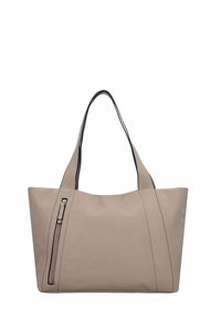 Sac fourre-tout beige en matériau synthétique lisse. Présente des poignées noires doubles et une poche latérale zippée pour plus de fonctionnalité.