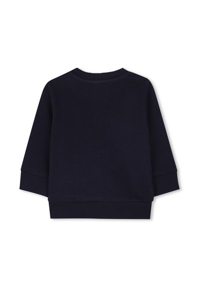 Marineblauwe sweater met een ronde hals, lange mouwen en ribgebreide boorden en zoom. Zachte stof met geen zichtbare patronen of versieringen.