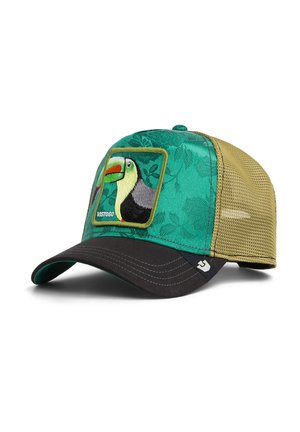 Gorra de camionero verde y negra con malla beige en la parte trasera, con parche bordado de tucán y un sutil patrón de hojas en el panel frontal.