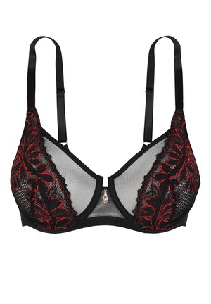 Soutien-gorge en dentelle noire avec broderie florale rouge, panneaux en mesh transparent, bretelles réglables et fermeture à agrafes dans le dos.