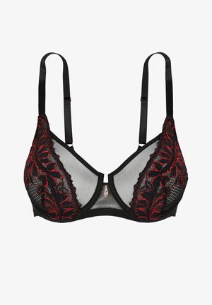Soutien-gorge en dentelle noire avec broderie florale rouge, panneaux en mesh transparent, bretelles réglables et fermeture à agrafes dans le dos.