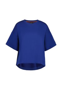 Haut bleu à manches courtes en tissu lisse, présentant une coupe décontractée, un col rond et un ourlet légèrement arrondi pour une silhouette moderne.
