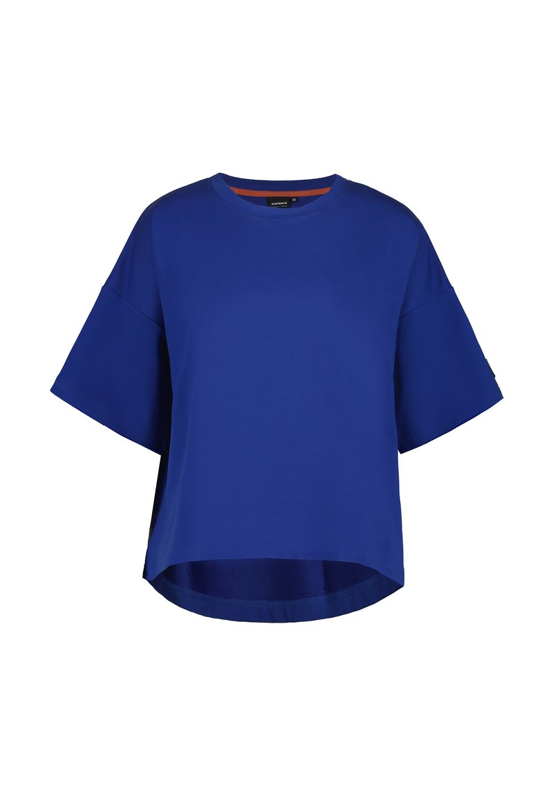 Haut bleu à manches courtes en tissu lisse, présentant une coupe décontractée, un col rond et un ourlet légèrement arrondi pour une silhouette moderne.