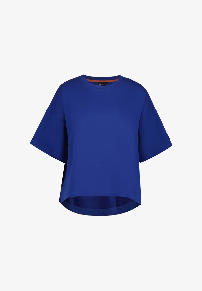 Blauw T-shirt met korte mouwen van een gladde stof, met een ontspannen pasvorm, ronde halslijn en een licht gebogen zoom voor een moderne uitstraling.