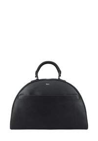 Zwarte leren handtas met een ronde vorm, korte hengel en zilveren hardware. Heeft een voorvak en een gladde textuur.