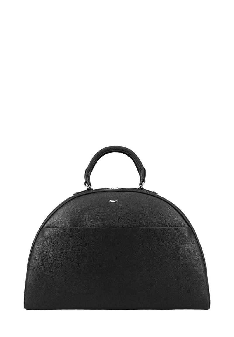 Zwarte leren handtas met een ronde vorm, korte hengel en zilveren hardware. Heeft een voorvak en een gladde textuur.
