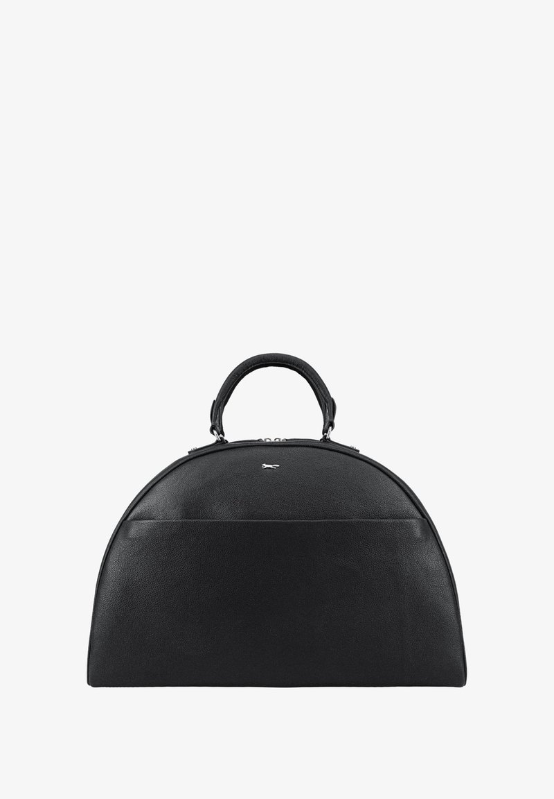 Zwarte leren handtas met een ronde vorm, korte hengel en zilveren hardware. Heeft een voorvak en een gladde textuur.