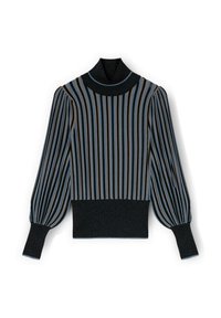 Černý, šedý a modrý vertikálně pruhovaný svetr s dlouhými rukávy a volánkovými rukávy, žebrovanými manžetami, pasem a vysokým žebrovaným límcem.
