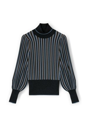 Czarny i niebieski top w paski z wysokim kołnierzem, bufiastymi rękawami i prążkowanym dołem. Materiał ma lekki połysk, co nadaje mu teksturowany wygląd.