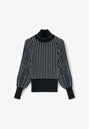 Czarny i niebieski top w paski z wysokim kołnierzem, bufiastymi rękawami i prążkowanym dołem. Materiał ma lekki połysk, co nadaje mu teksturowany wygląd.