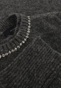Grijze gebreide trui van zacht materiaal, met een geribbelde textuur en een versierde halslijn met heldere decoratieve stenen.
