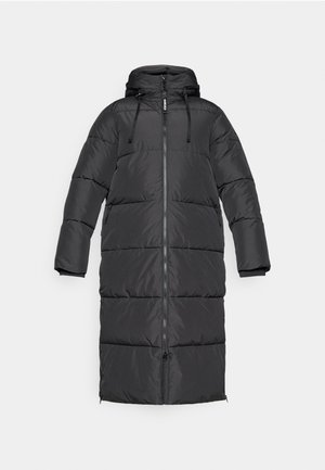 Padded black long coat with a hood, front zipper, adjustable drawstrings, and side pockets. Smooth texture and straight silhouette.