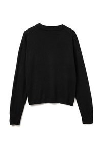 Czarny dzianinowy sweter z okrągłym dekoltem, długimi rękawami raglanowymi i ściągaczami na rękawach. Projekt jest prosty, z lekko skróconym dołem.