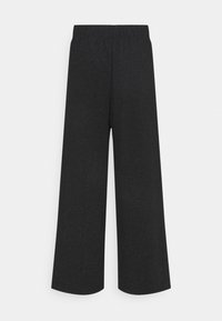 Pantalon noir à jambes larges avec une taille élastique, présentant une texture subtilement scintillante sur un fond uni.