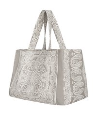 Szara torba typu tote z białym wzorem paisley, wykonana z trwałego materiału, z dwoma długimi uchwytami i pojemnym, usztywnionym designem.