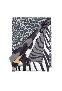 Sciarpa con stampa animalier realizzata in tessuto testurizzato. Un lato presenta un motivo leopardato in nero e grigio, mentre l'altro ha delle strisce in bianco e nero.