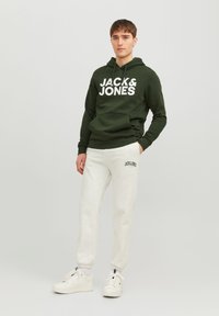 Green hoodie with white "JACK & JONES" logo, paired with light gray sweatpants featuring the same logo. White sneakers complete the outfit.