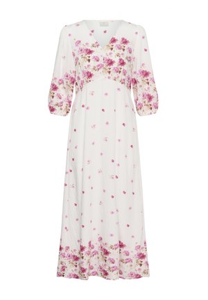 Biele midi šaty s ružovými kvetinovými vzormi, výstrihom do V a tromištvrťovými nadýchanými rukávmi.