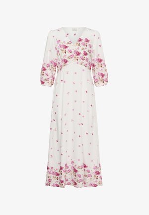 Biele midi šaty s ružovými kvetinovými vzormi, výstrihom do V a tromištvrťovými nadýchanými rukávmi.