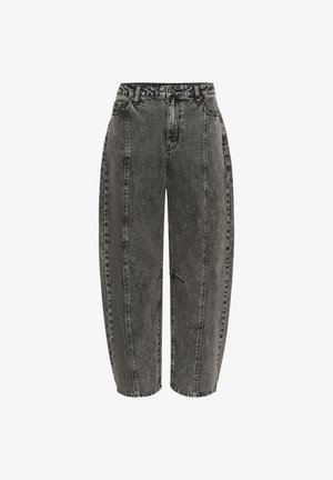 Jean en denim noir avec une coupe ample, présentant une taille haute, une texture déchirée et des coutures visibles le long des coutures latérales.