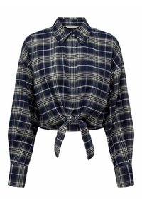 Camicia a maniche lunghe, cropped, a quadri navy e crema in flanella. Presenta un nodo in vita e polsini con bottone.