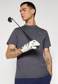 Šedá košile s krátkým rukávem a logem Calvin Klein, kterou drží osoba v bílém golfovém rukavici, používající golfovou hůl. Vyznačuje se čistým designem a hladkou texturou.