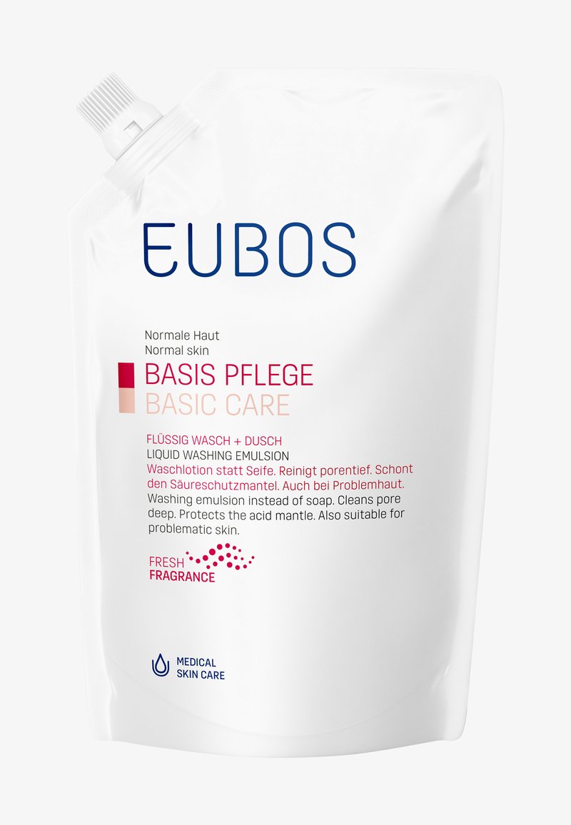 EUBOS Basic Care liquid washing emulsion pouch for normal skin with fresh fragrance, protects acid mantle, cleans pores, suitable for problematic skin.