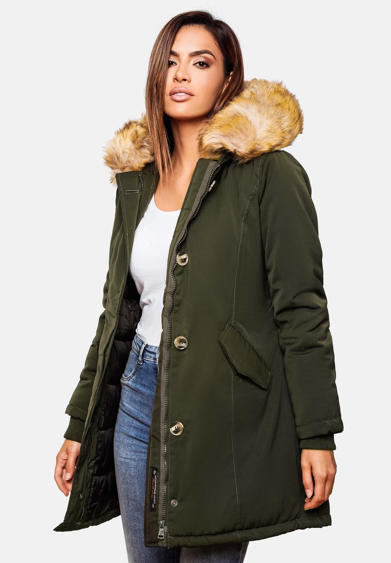 Green parka jacket with faux fur hood, button closure, side pockets, and ribbed cuffs. Smooth fabric texture, knee-length design.