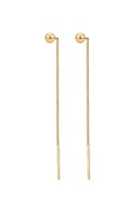 Goldfarbene Ohrringe mit einem runden Kugelstecker und einer langen Kette mit einem geraden Balkenakzent, die ein minimalistisches und elegantes Design schaffen.