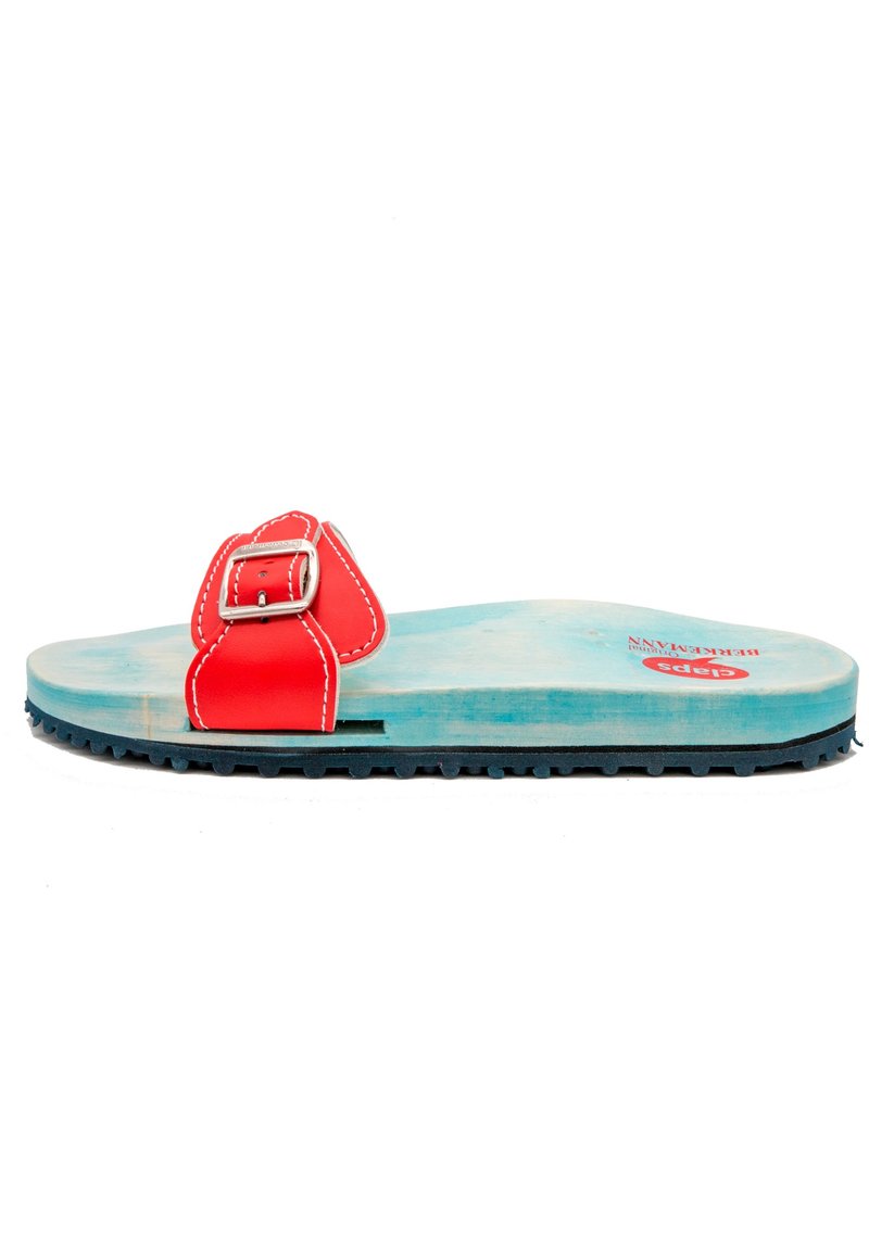 Red leather sandal with a buckle, featuring a light blue textured footbed and a black rubber sole, designed for comfort and support.