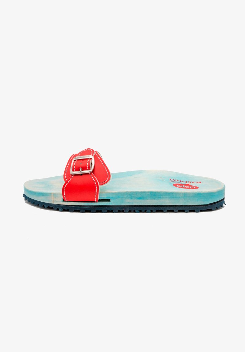 Red leather sandal with a buckle, featuring a light blue textured footbed and a black rubber sole, designed for comfort and support.