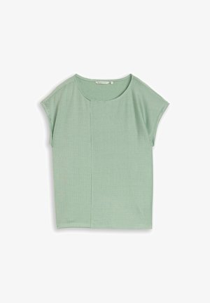 Svijetlozeleno kratkih rukava majica s dvije različite tanke prugaste uzorke podijeljene okomito na sredini i okruglim izrezom na vratu.