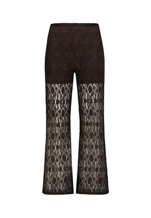 Schwarze Spitzenhose mit Blumenmuster, hoher Taille, oben eng anliegend und ausgestellte Beine mit durchsichtiger Spitze von der Mitte des Oberschenkels abwärts.