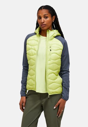 Lys grøn isoleret jakke med en quilted front, grå ærmer og hætte. Glat tekstur, med en lynlås foran og sidelommer.