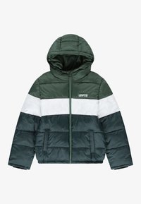 Gevoerde groene en witte hooded jas met een ritssluiting aan de voorkant, contrasterende panelen en zijzakken. Gemaakt van glanzende, gladde stof.