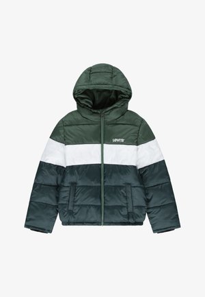 Casaco acolchoado verde e branco com capuz, fecho de correr à frente, painéis contrastantes e bolsos laterais. Feito de um tecido brilhante e suave.